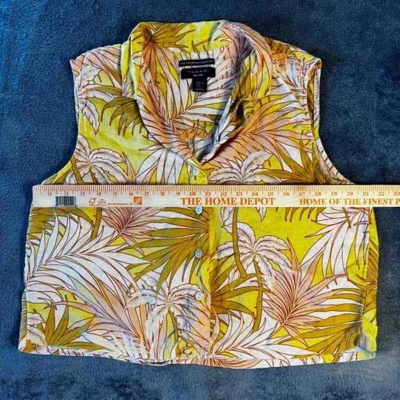 Tahari Women XL 100% Linen Sleeveless Shirt Yellow Tropical Palm Tree Resort - Picture 3 of 5